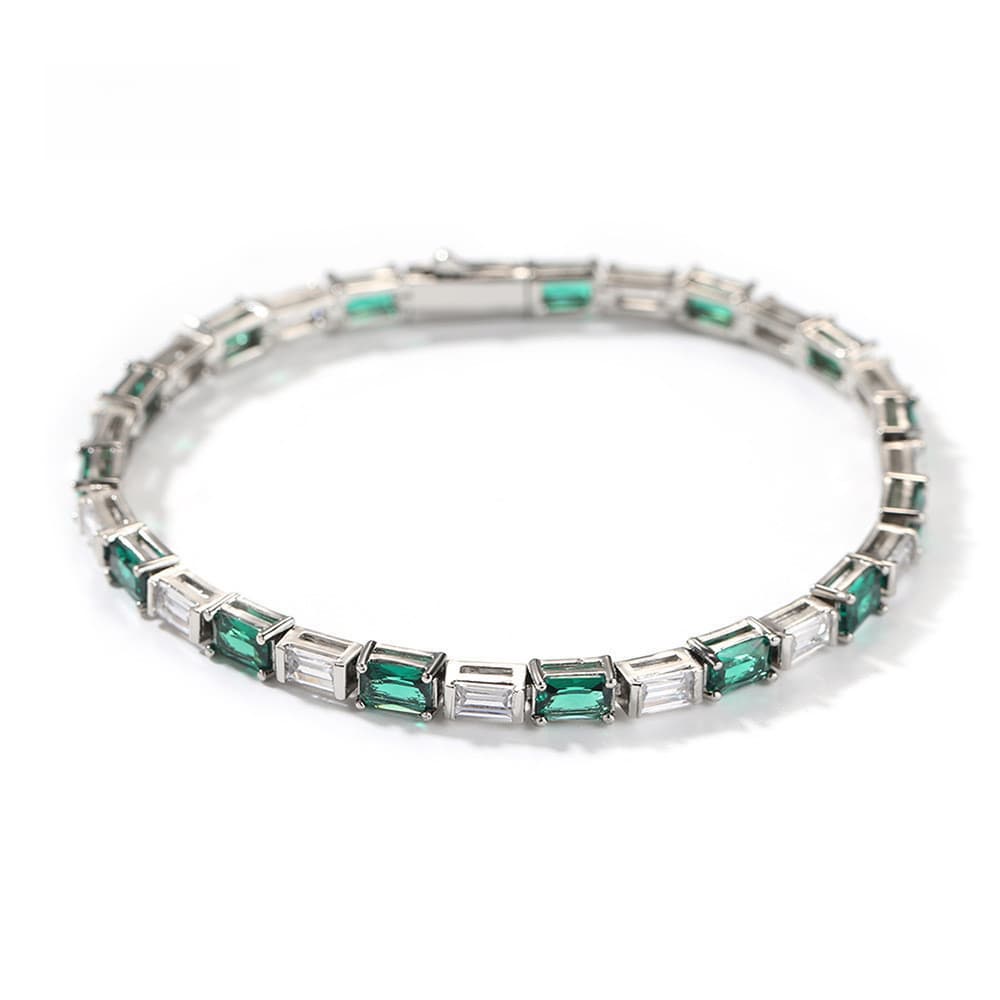 Pulseira de Tênis com Zircônia 5A, Verde Esmeralda, Conexão Geométrica em Blocos, Prata Verde