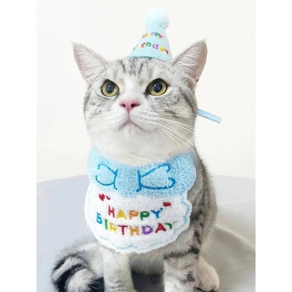 Babador de Aniversário para Gato e Cachorro e Chapéu de Festa, Mini Bandana Ajustável para Cachorros e Gatos, Acessório