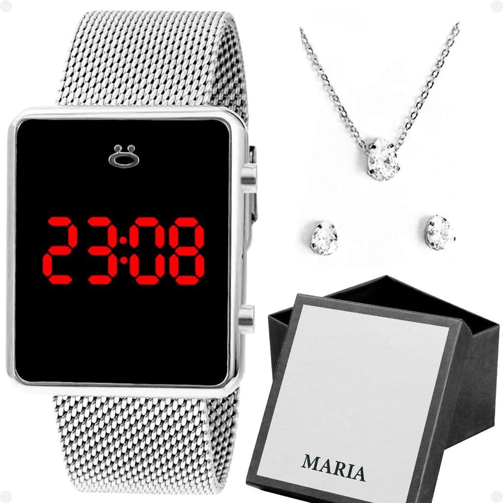 relogio feminino digital aço inox + colar + caixa casual