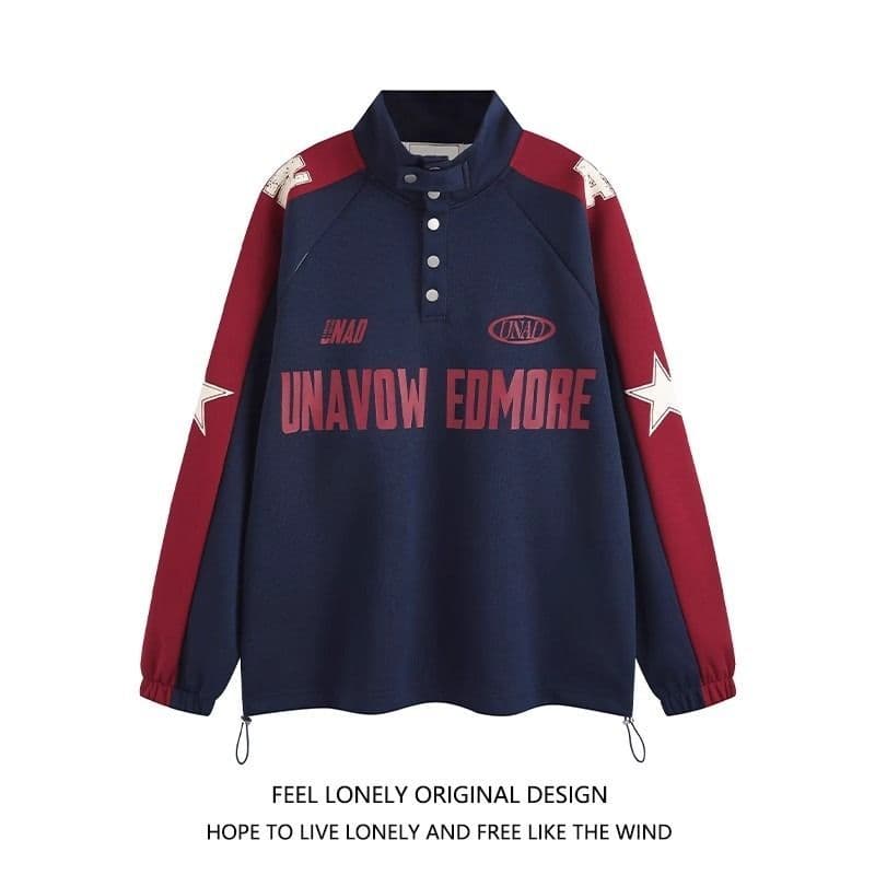 [Venda quente] Americano hiphop carta impressão moletom sem capuz feminino costura Casual solto gola pulôver jaqueta mar