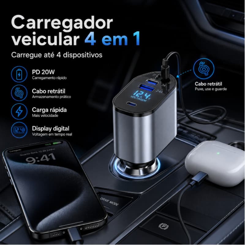 Carregador De Carro Rápido 4 Em 1 Retrátil Para IPhone E Android Carga Super Rápida De 120W Cabo Carregamento Retrátil
