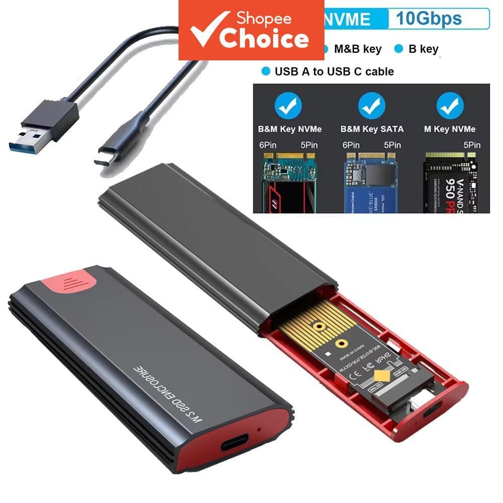 Caixa SSD M.2 USB 3.1 10 Gbps, Adaptador de Gabinete NVMe/NGFF SATA, USB 3.1 Gen2 USB-C, Compatível com M e B&M Keys