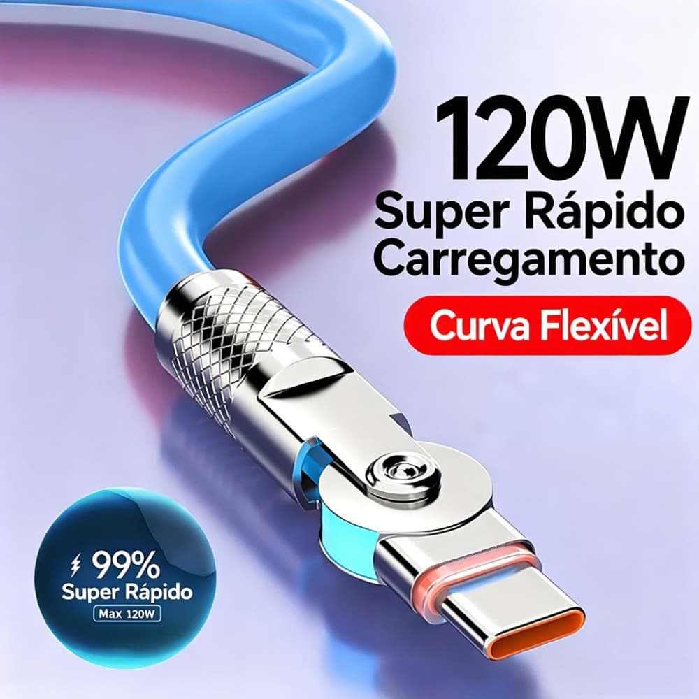 Cabo Carregamento Rápido 6mm 120W Giratório Entrada USB Saída Lightning Micro V8 Tipo C 1 metro iOS Anti-quebra