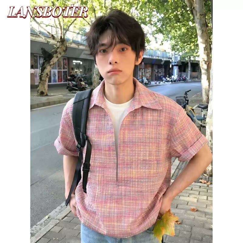 Camisa De Manga Curta Xadrez De Gaze De Espuma De Dopamina Retrô Masculina E Feminina De Rua De Alta Qualidade