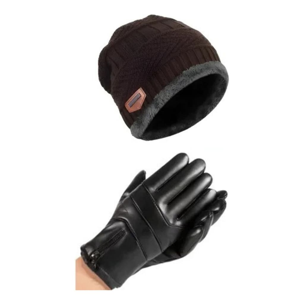 Kit Touca Gorro Forrada Pelúcia Pelos + Luva Couro Térmica