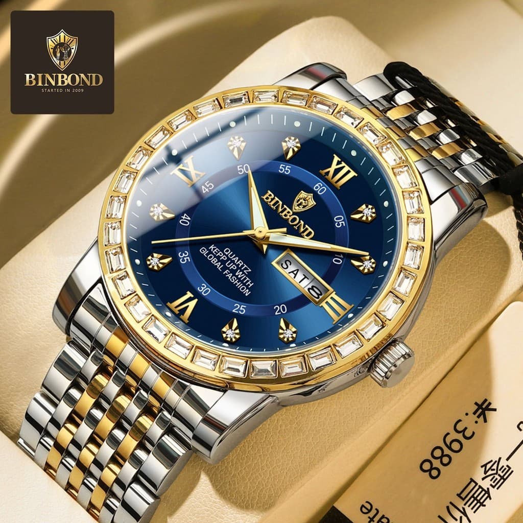 BINBOND 2202 Relógio de Quartzo Elegante e Empresarial com Duplo Calendário e Decoração de Diamantes Modernos 8632
