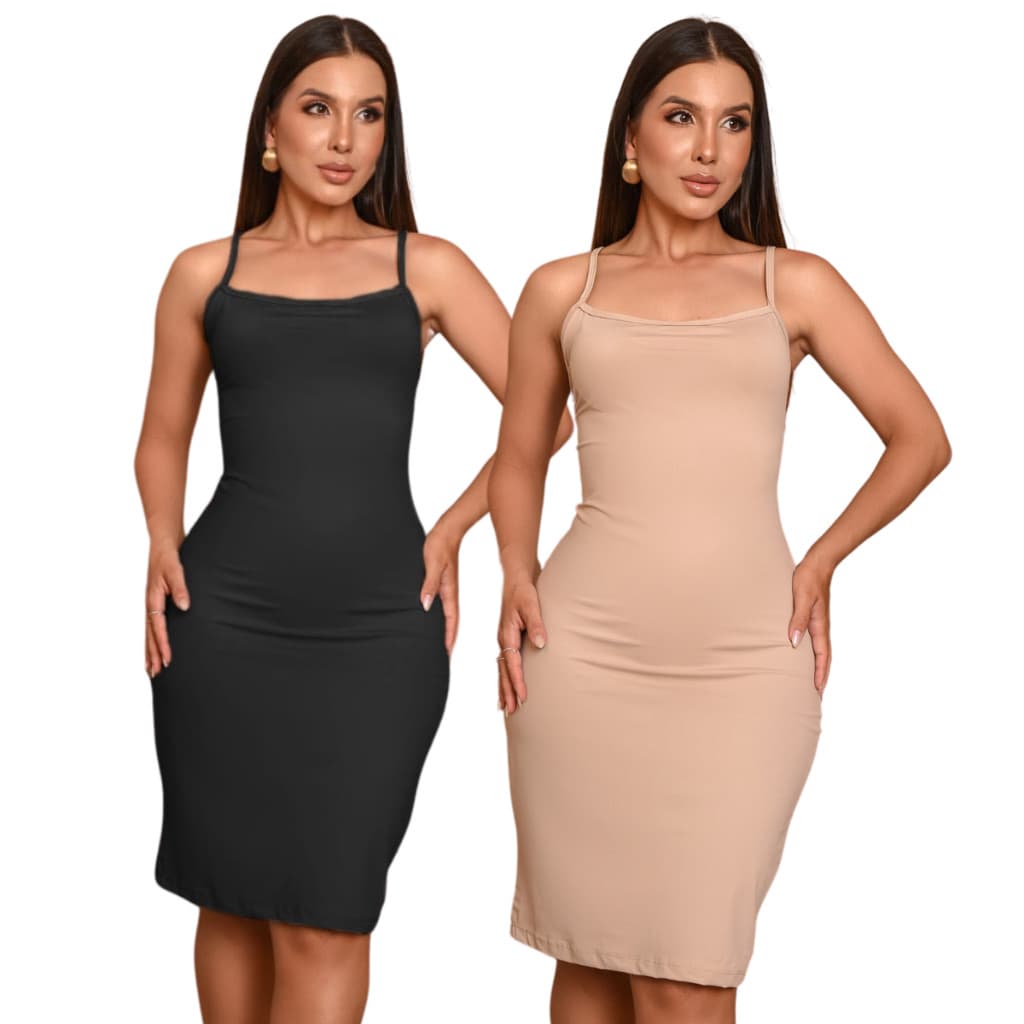Kit 2 Vestido Midi Segunda Pele Anagua Tubinho Combinação Preto e Bege