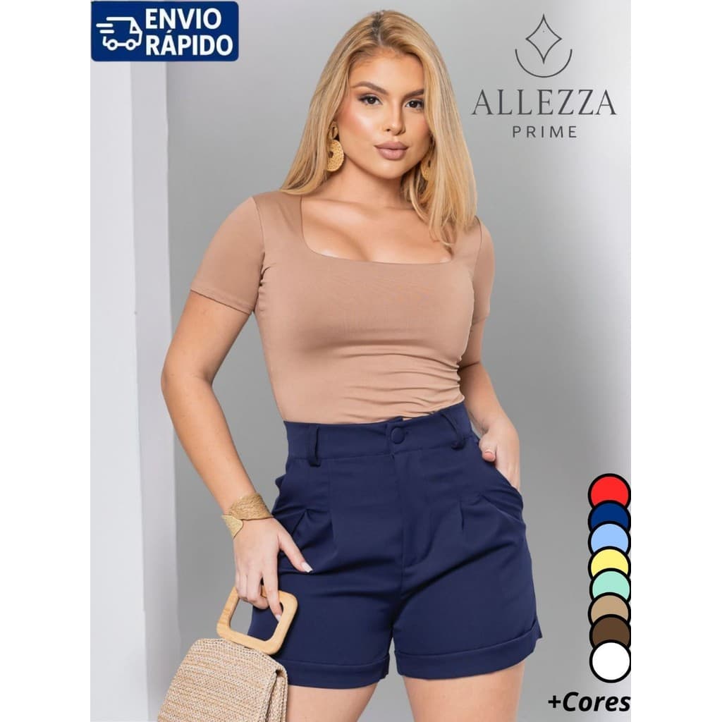 Short Alfaiataria Feminino Barra Italiana Casual Basico Bolso Dia a Dia