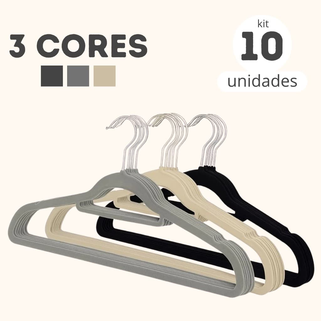 Kit 10 Cabides De Veludo Antideslizante Ultra Fino Slim Cinza Bege Preto