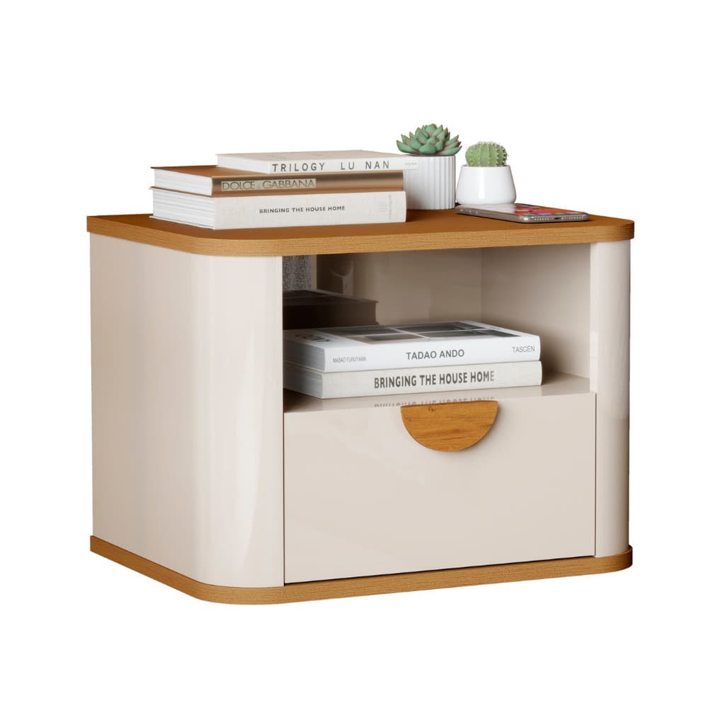Mesa de Cabeceira Suspensa Buriti 1 Gaveta Off White Nature em MDF JB Bechara para Quarto