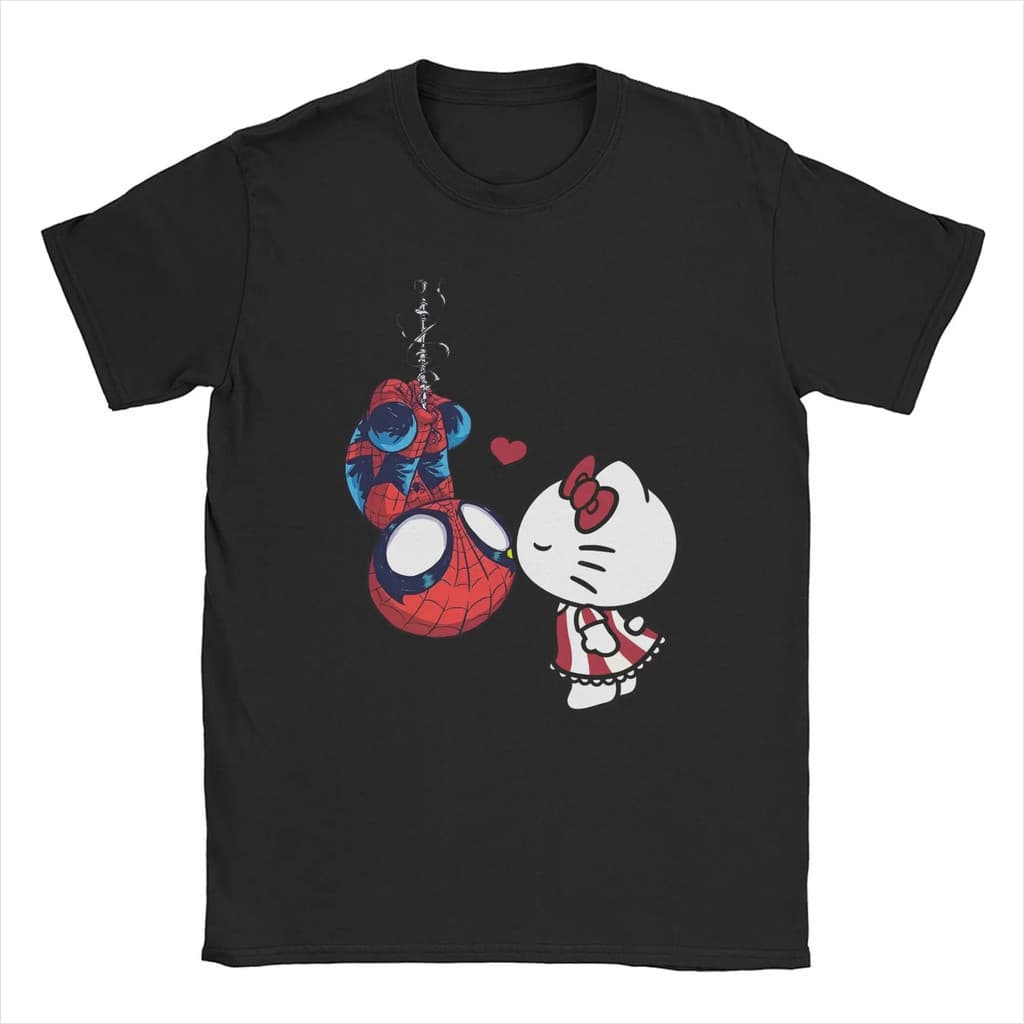 Camiseta Unissex Oversized Plus Size Feminina Masculina Preta Unissex  Padrão do Homem-Aranha e Hello Kitty