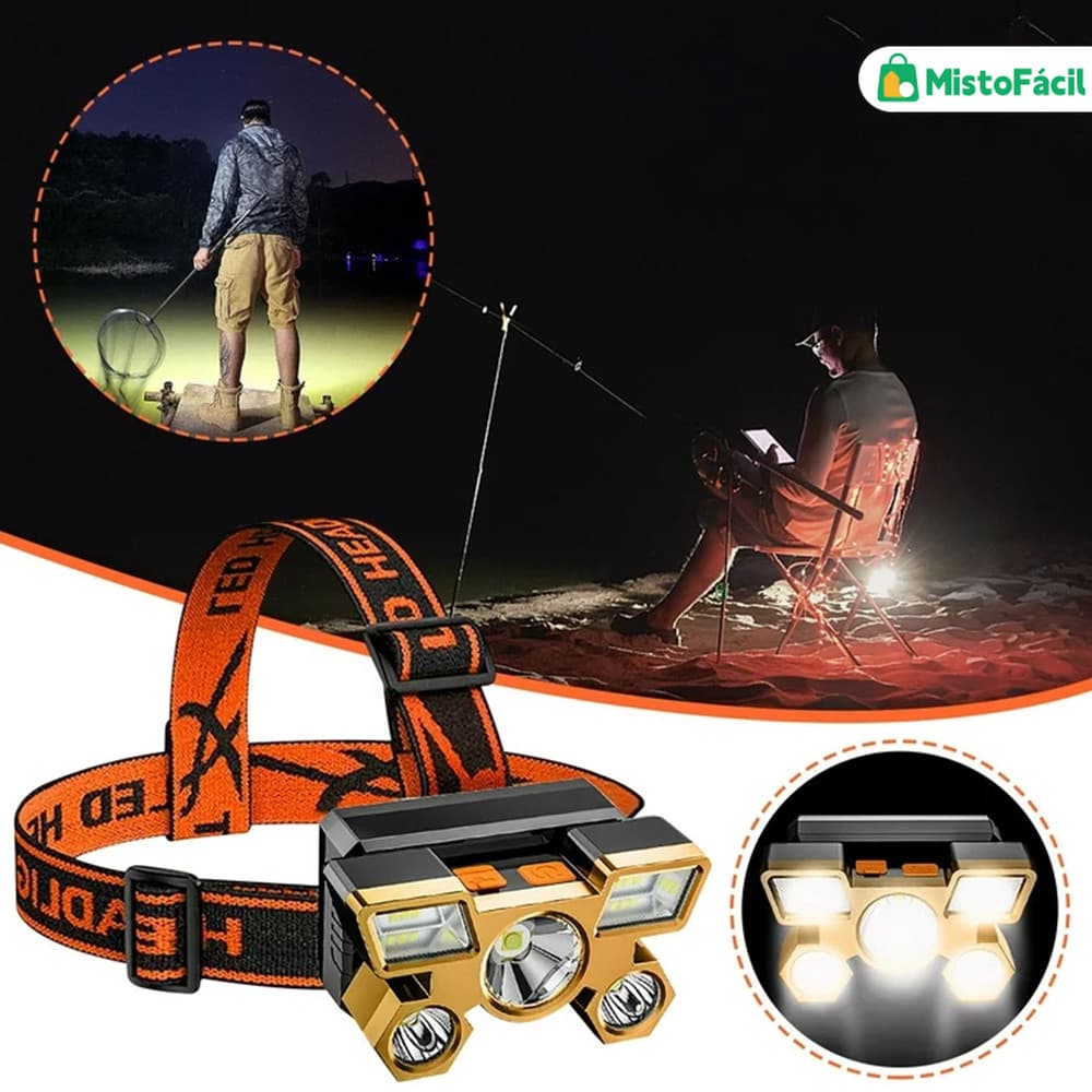 Lanterna Holofote de Cabeça 5 LED Super Brilhante à Prova D'Água USB Recarregável com 4 Modos
