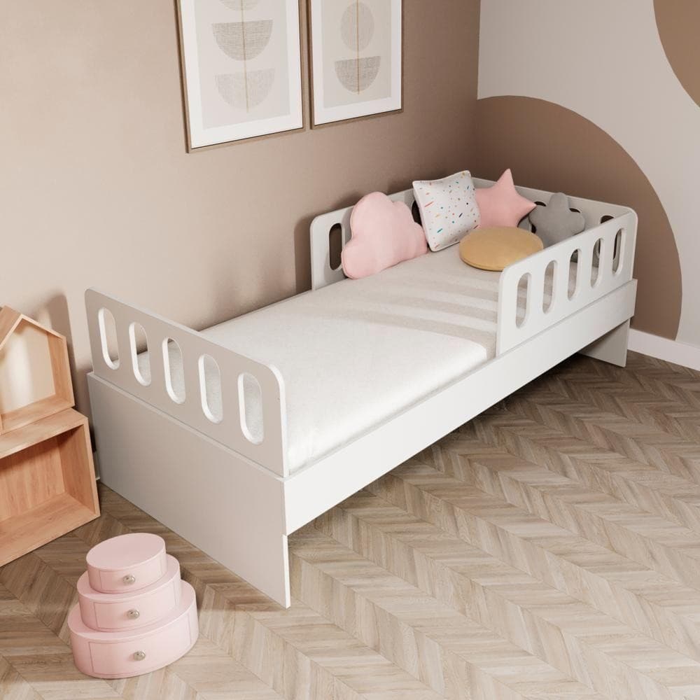 Cama Solteiro Mdf Branco Com 02 Grades E Cabeceira Anatômica