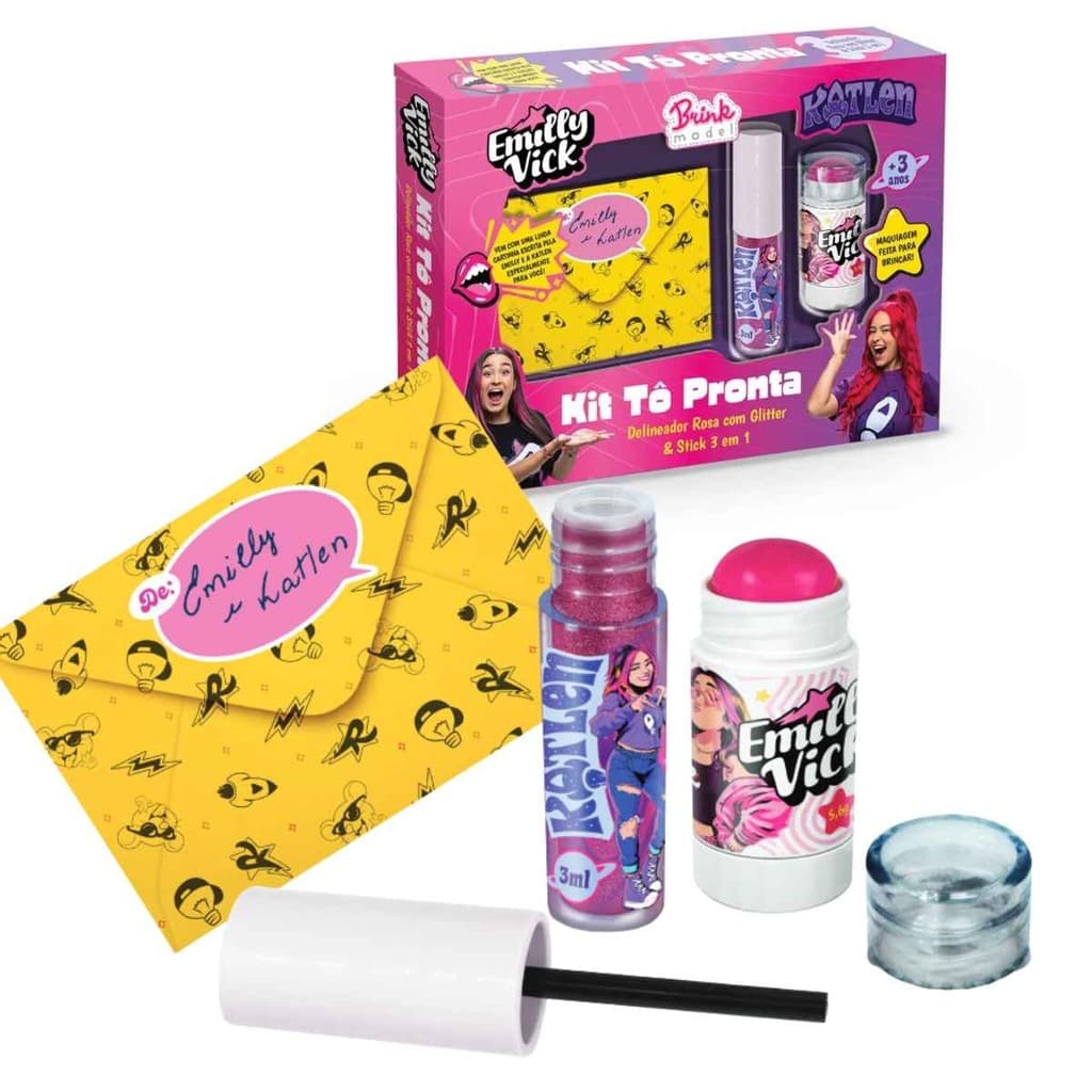 Kit Maquiagem Tô Pronta Dos Rosa Emilly Vick e Katlen Original, Brink Model, Delineador Batom Blush