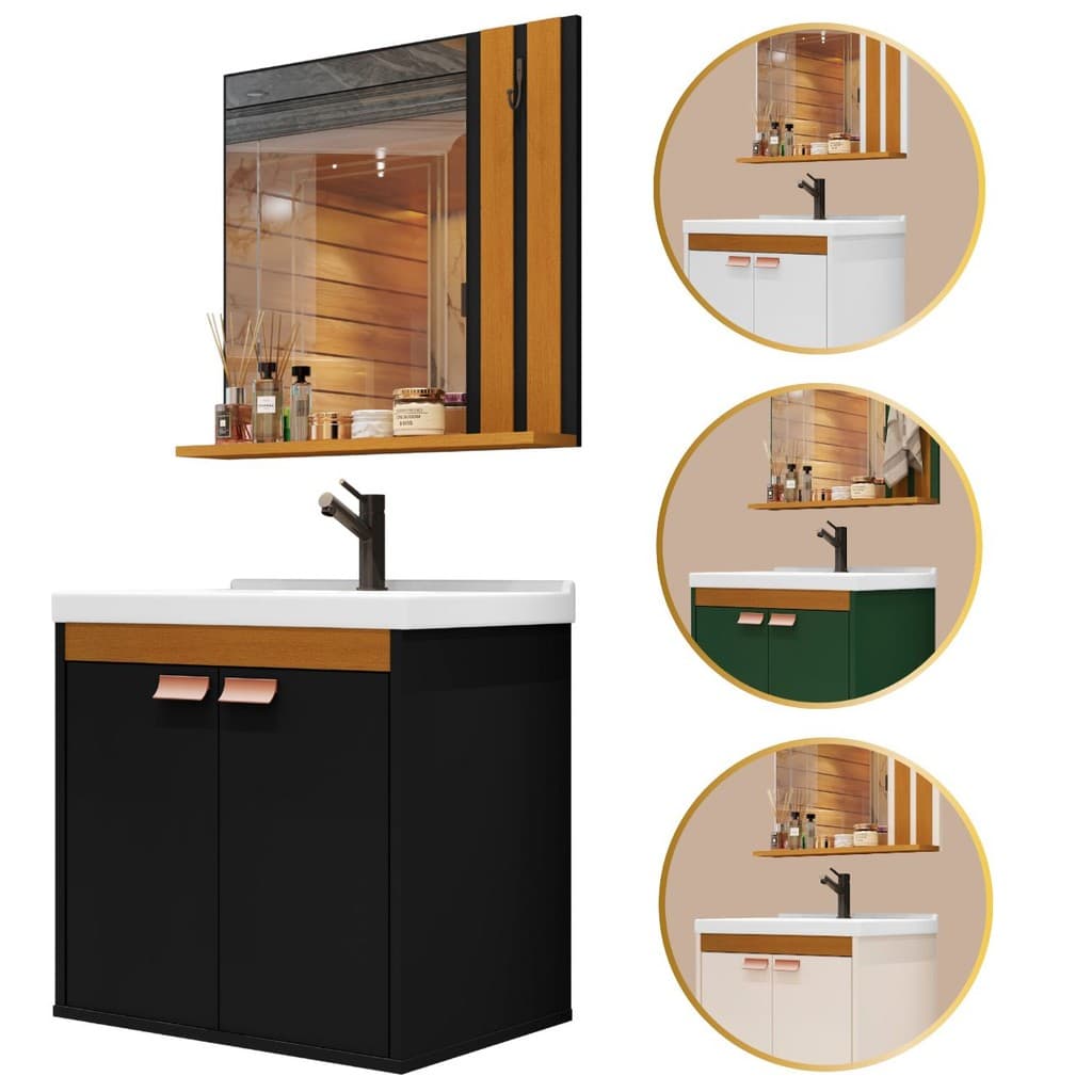 PROMOÇÃO Conjunto Gabinete Banheiro Pallas com Espelho 47cm MDP 12m Armario Suspenso Pia Espelheira