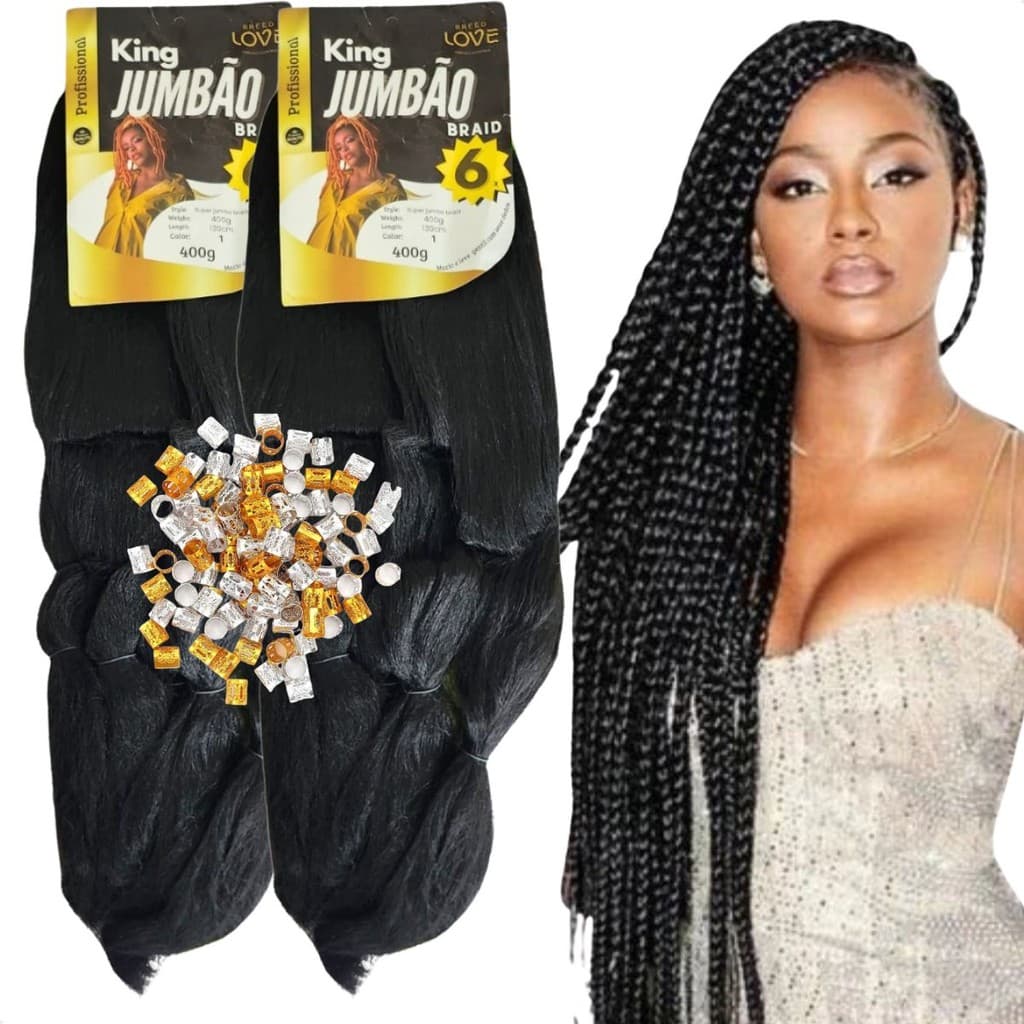 Kit 2 Pacotes Jumbo Kanekalon Cabelo King Jumbao + Anéis