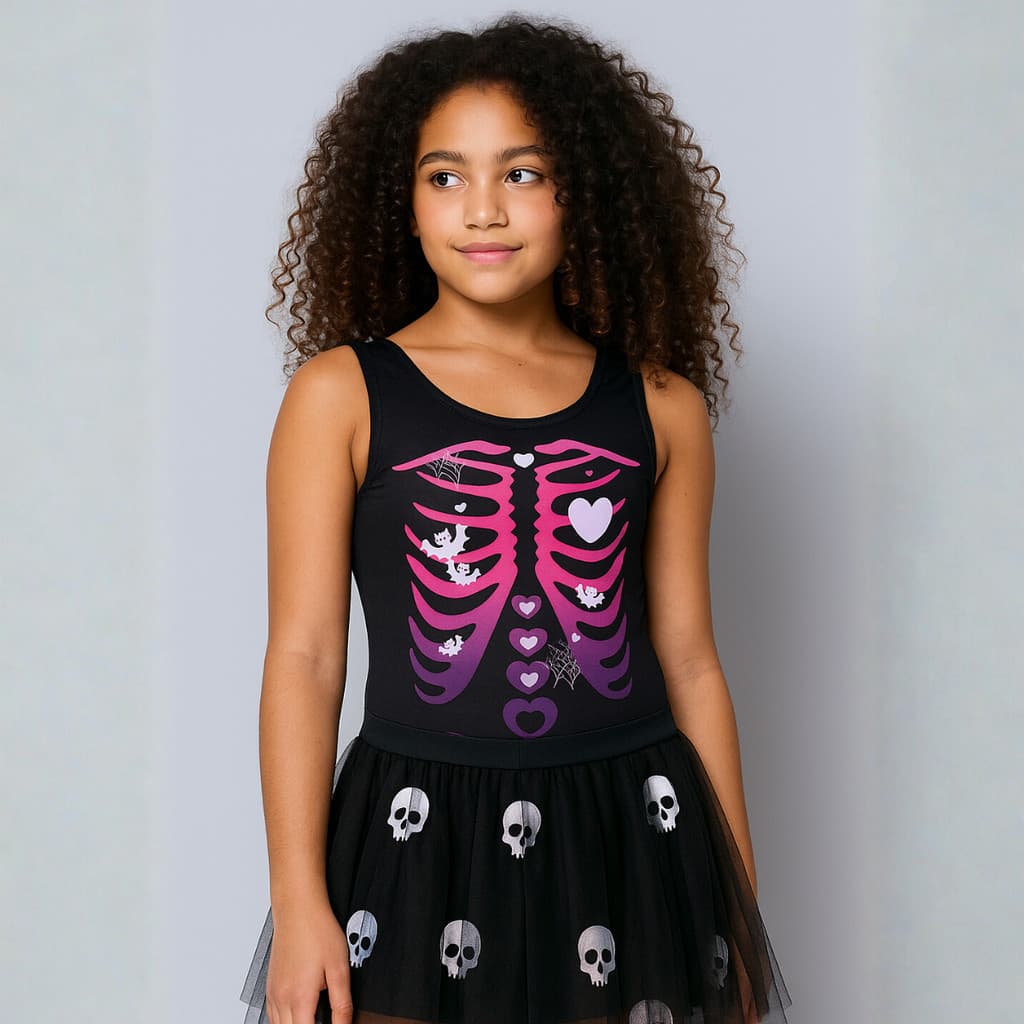 Fantasia Garotas Halloween Body Esqueleto Mexicano Rosa e Roxo Pré-Adolescente