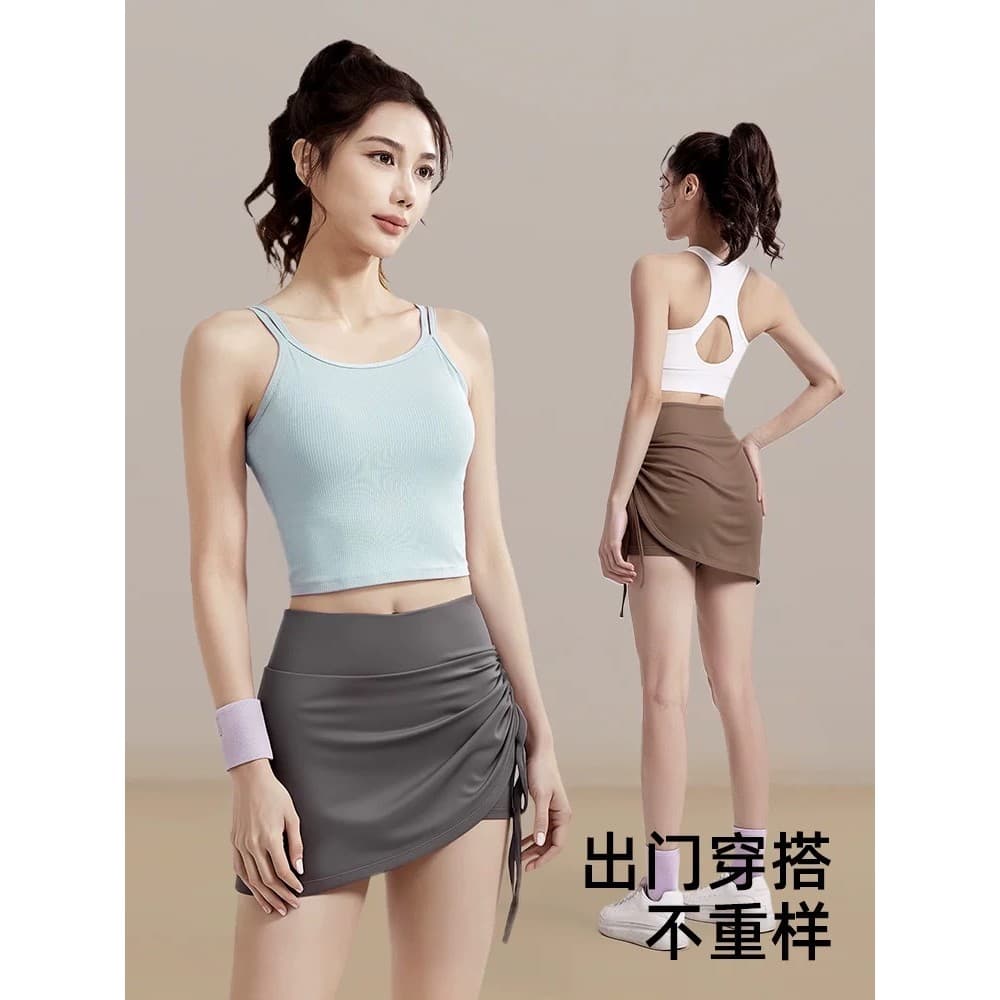 Novo estilo cordão Hip-Lifting falso de duas peças Anti-exposição Yoga saia curta cintura alta abdômen-T