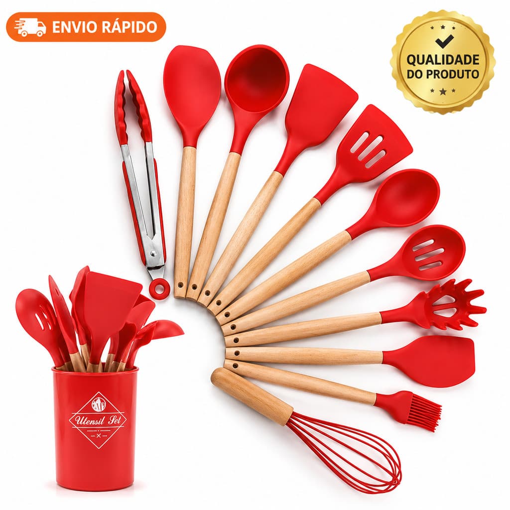 Kit 12 Peças Utensílios De Cozinha Colheres Espatula Silicone Cabo Madeira Decoração Premium
