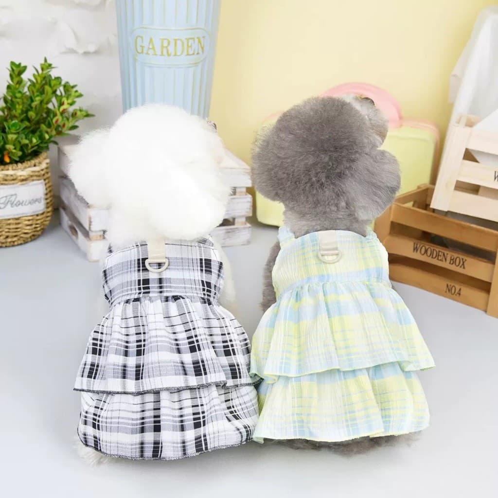 Saia Vestido xadrez para pets -Roupa fresca de  Verão para cachorros e gatos