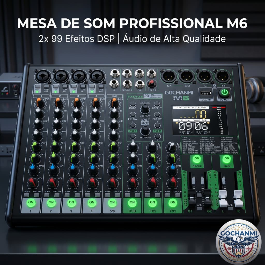 GOCHANMI M6 Mesa Mixer Áudio Profissional 6 Canais com Reverb DSP