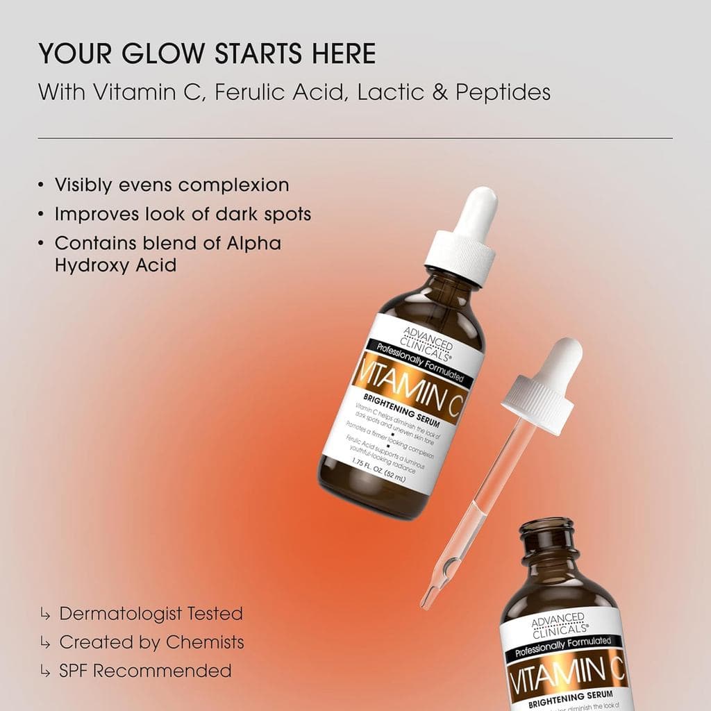 Sérum Clareador de Vitamina C para o Rosto com Ácido Glicólico e Ácido Lático | Sérum de Vitamina C para Olhos e Hidrata