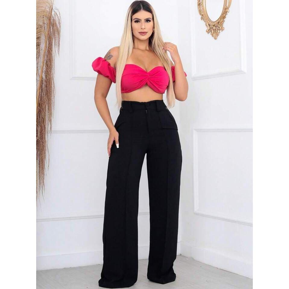 Calça Feminina Pantalona Alfaiataria com Botão Elástico nas Costas Leve Wide Leg Duna com Botão
