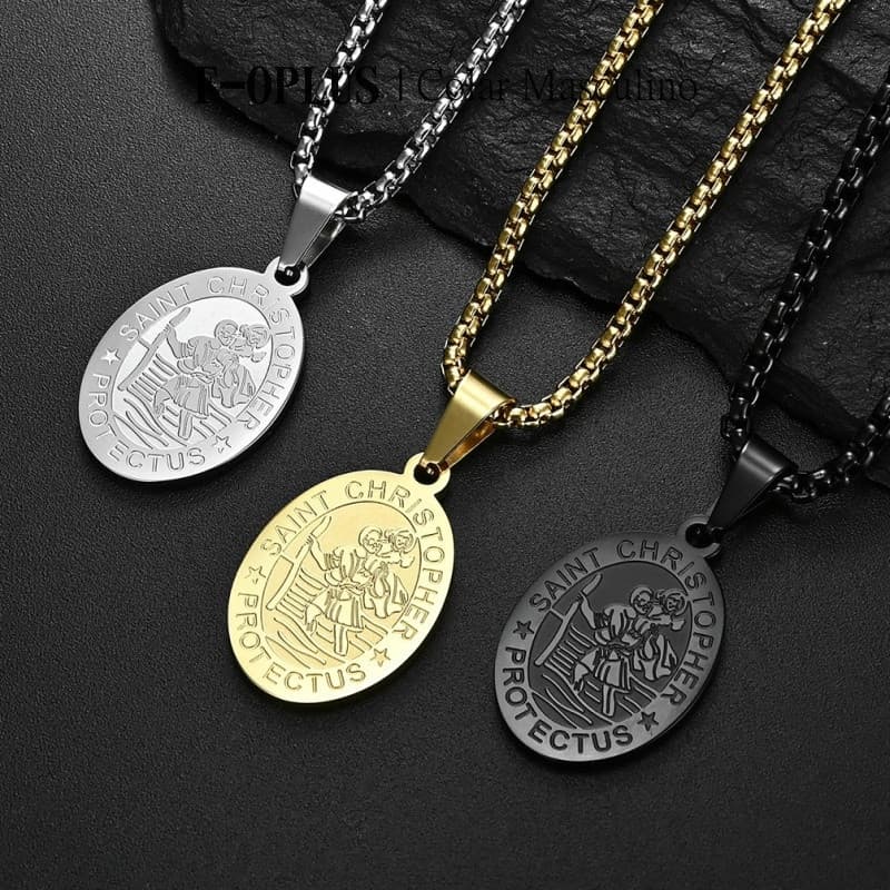 F-OPLUS | Colar Masculino de São Cristóvão Ouro/Preto/Prata 60cm 70cm Corrente com Pingente de São Cristóvão,Fé Amuleto