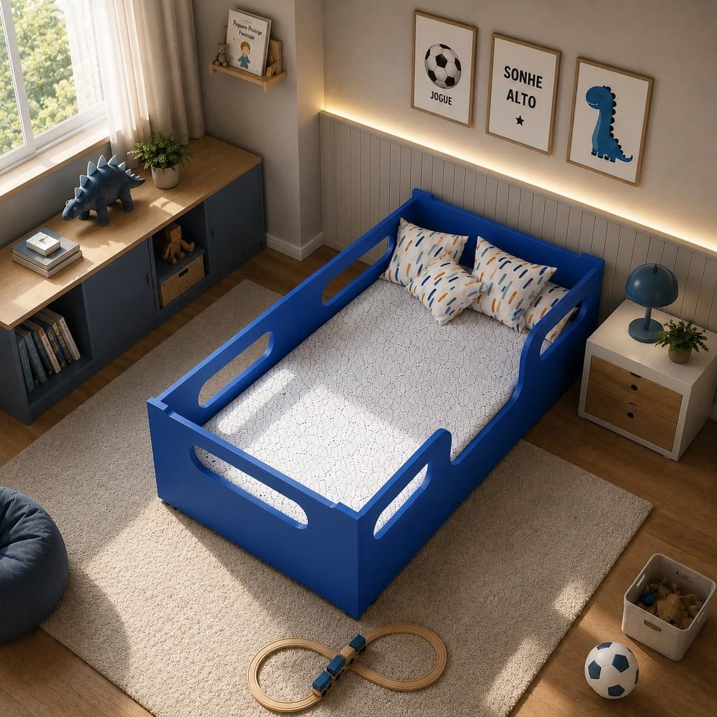 Cama Infantil Azul Sem Colchão Encanto Montessoriana Seguro Com Grade De Proteção Confortável