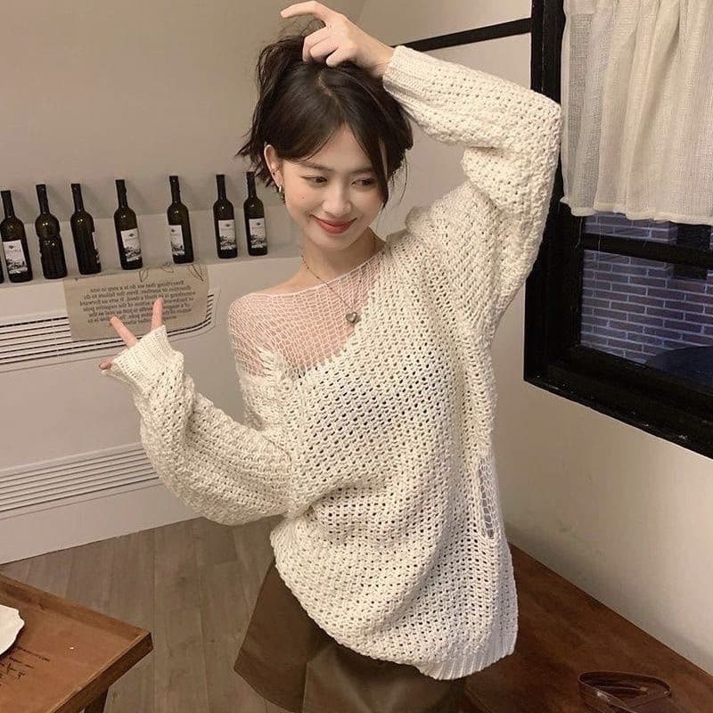 Camisola feminina de comprimento médio solta primavera outono novo estilo malhas europeu americano preguiçoso exterior W