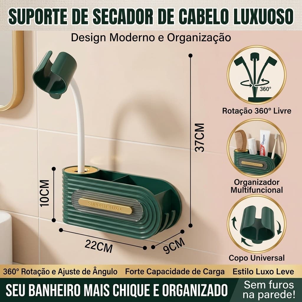 Suporte Organizador para Secador de Cabelo 360° sem Furos com Braço Flexível