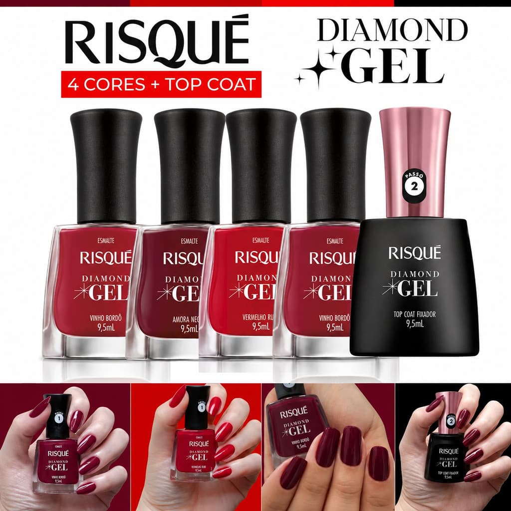 Kit 5 Esmaltes Risqué Diamond Gel Hipoalergênico Tons de Vermelho Manicure