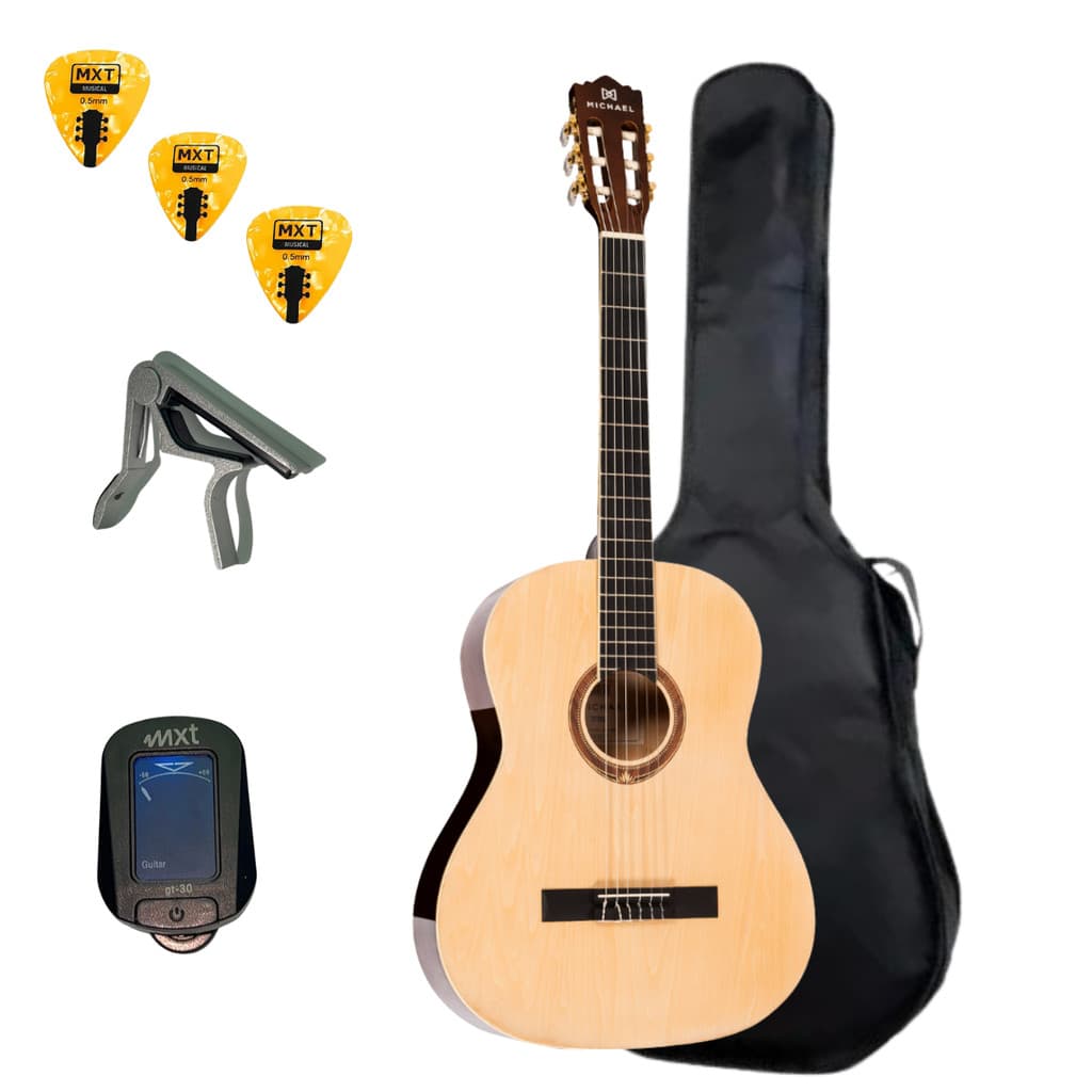 Kit Violão Acústico Clássico Michael Go Play VM15NY C/Capa Capotraste Afinador