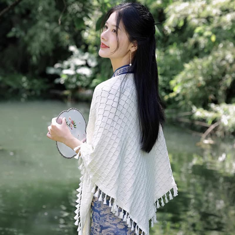 Cheongsam xale exterior Retro arte verão novo estilo franjas jaqueta de malha manto de manga comprida Cardigan combinand