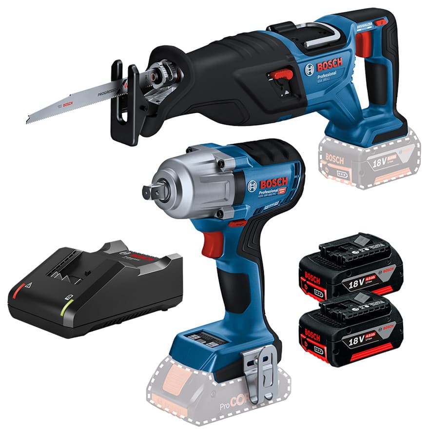 Kit Chave de Impacto 1/2" GDS 18V-450 PC + Serra Sabre GSA 185-LI + 2 Bateria 4Ah + Carregador Rápido Bosch