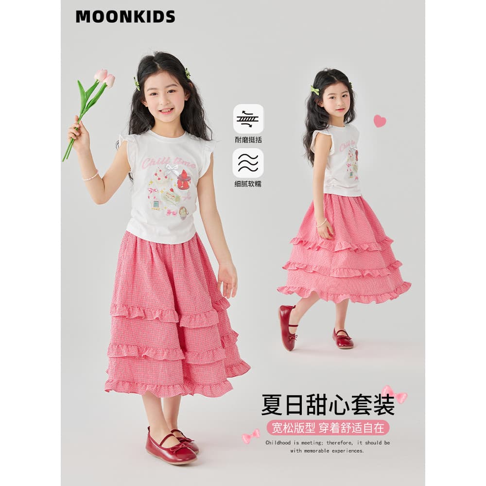Meninas saia terno 2026 novo estilo crianças verão pequena manga voadora camiseta de duas peças menina vestido de verão