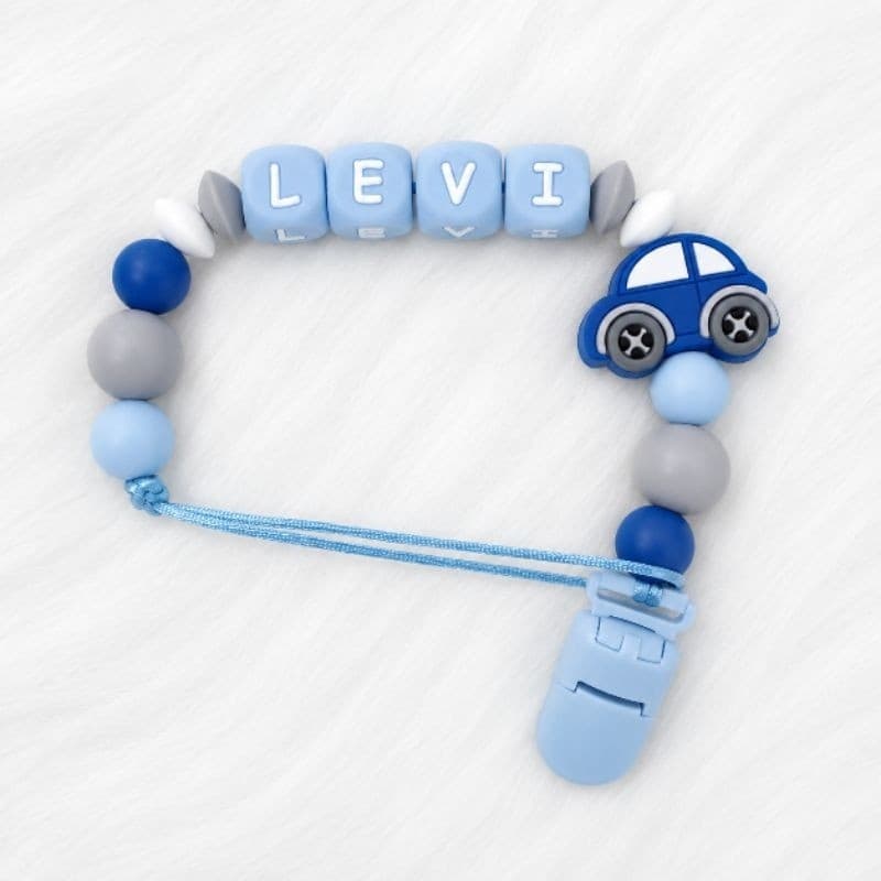 Prendedor de Chupeta e Mordedor Personalizado com Nome do Bebê de Silicone Carrinho