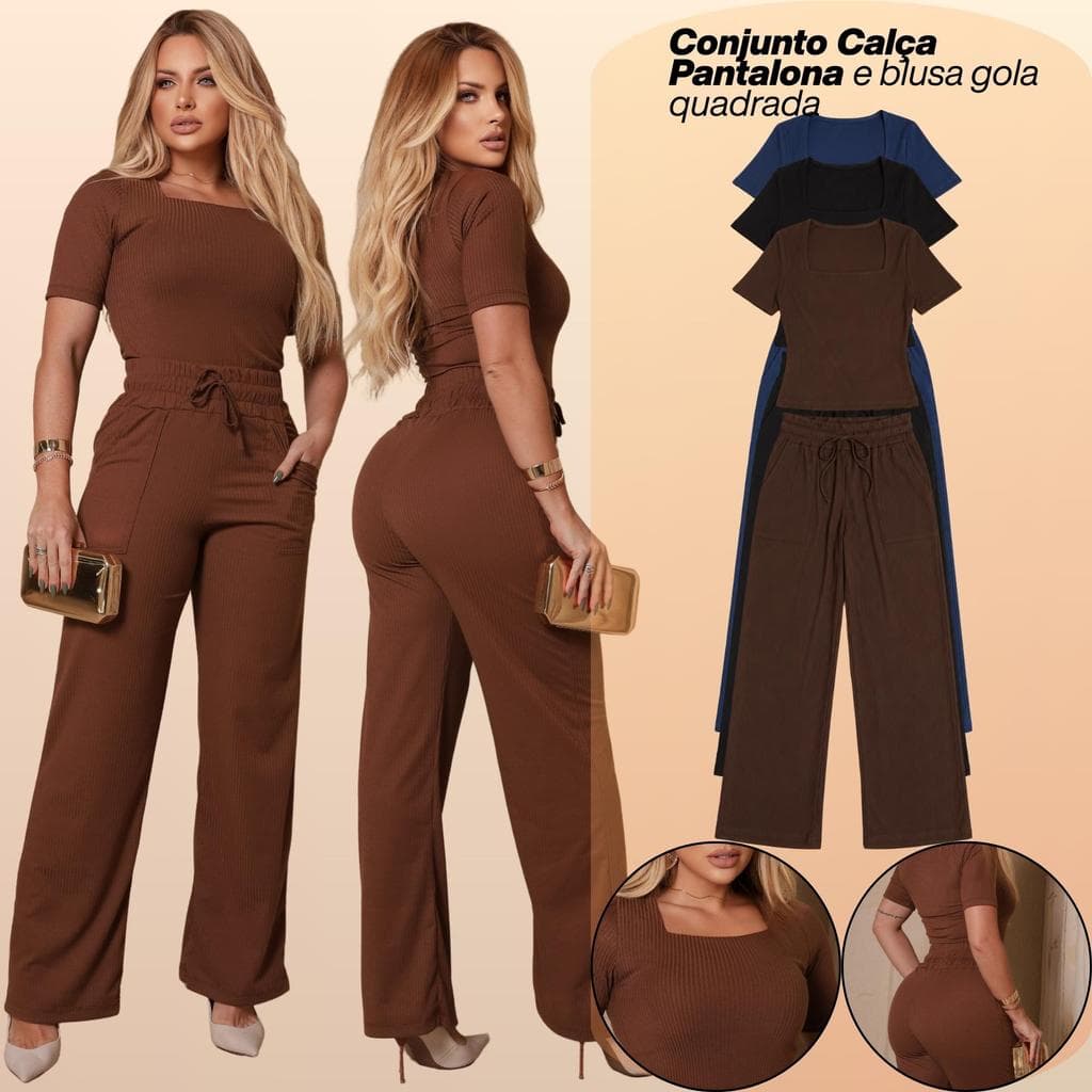 Conjunto Feminino Calça Pantalona e Blusa Gola Quadrada Inverno Frio