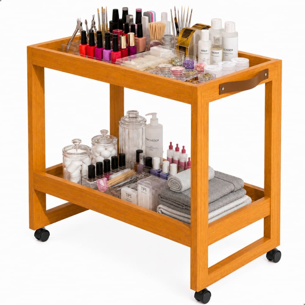 Carrinho Para Manicure Profissional Auxiliar Com Rodízios 2 Prateleiras Nail Designer Esmaltes MDP