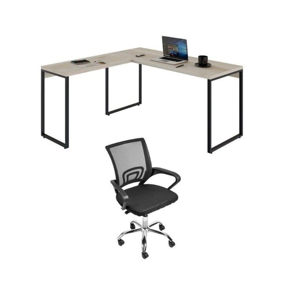 Conjunto 2 Peças com Mesa para Escritorio em L Industrial 150cm Kuadra e Cadeira de Escritório Diretor Tok Snow Bege