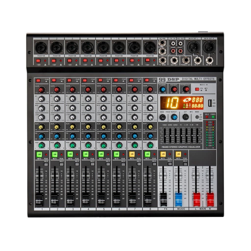 Mesa de Som Profissional 8 Canais USB Bluetooth Amplificada Equalizador 7 Bandas DSP Integrado ON-MX15
