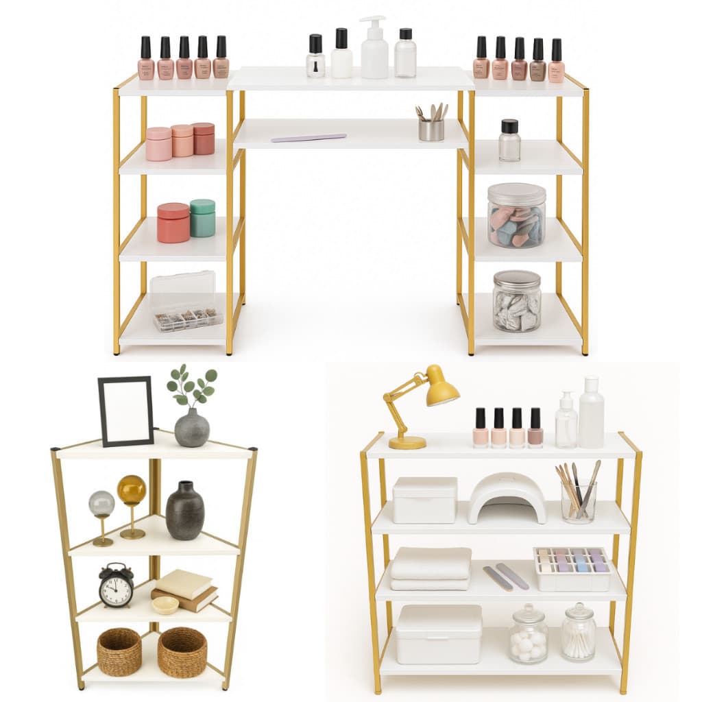 Kit Mesa Industrial Tamanho Grande com Estante Expositora e Estante de Canto Decorativo