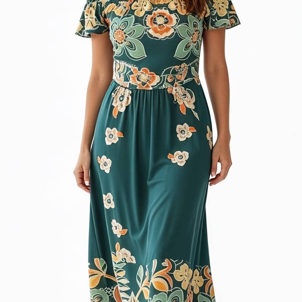 Vestido Longo Estampado com Decote Ombro a Ombro