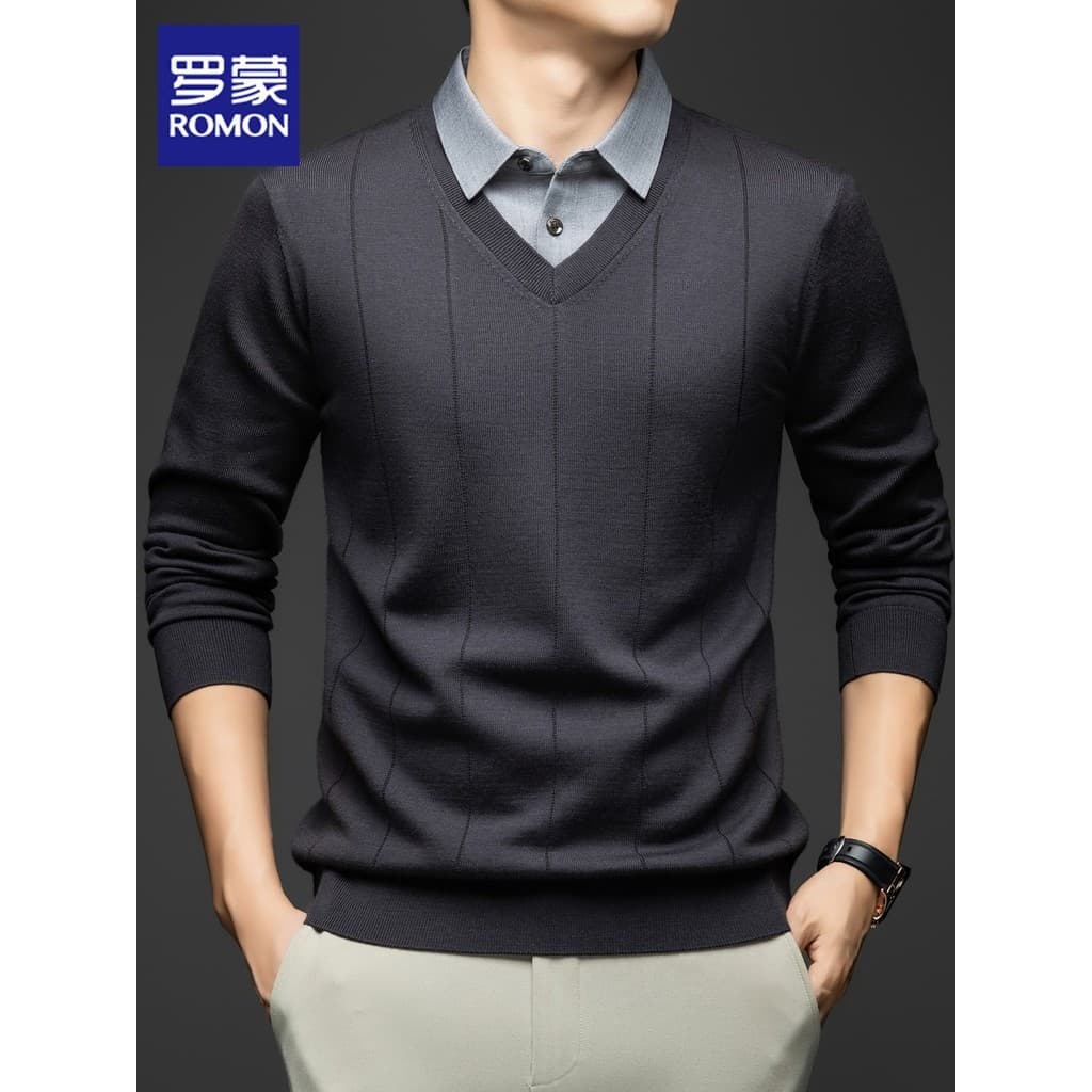 Lomon 100% malhas de lã de ovelha masculino 2026 primavera High-End negócios Casual interior falso camisola de duas peça