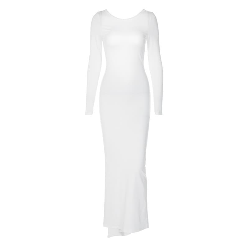 Novo vestido longo elegante, justo ao corpo, com costas abertas, franzido e em cor sólida.