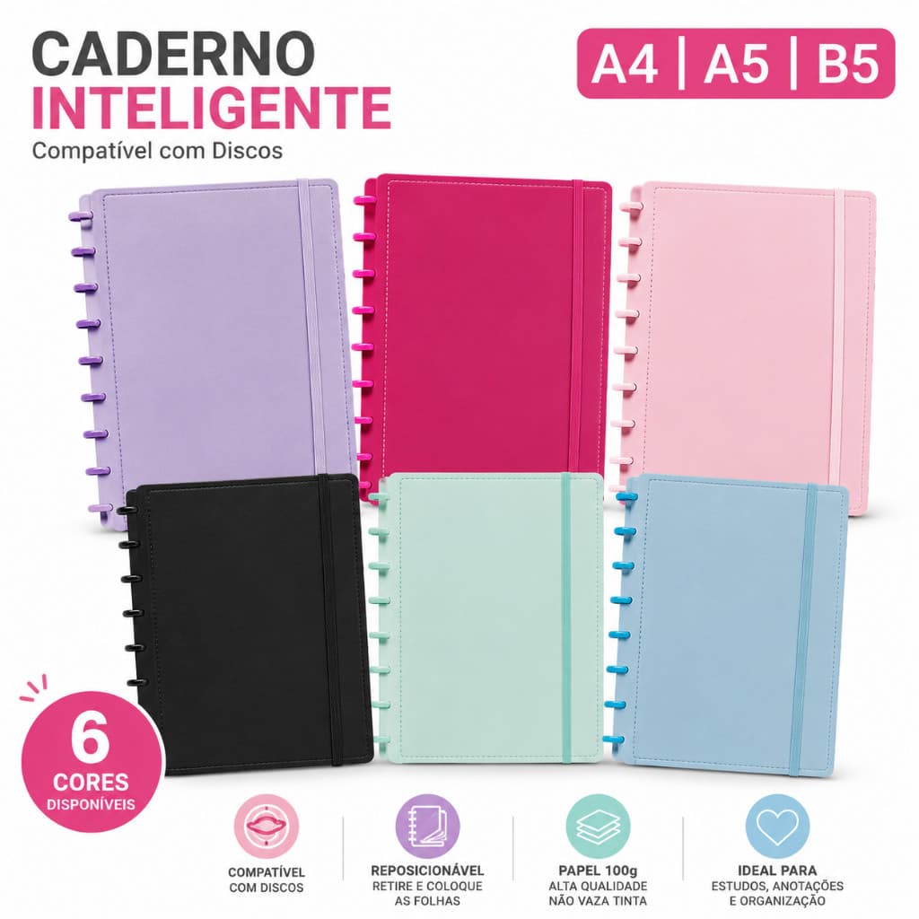 Caderno Inteligente Capa Dura A4 A5 B5 com Refil Opcional