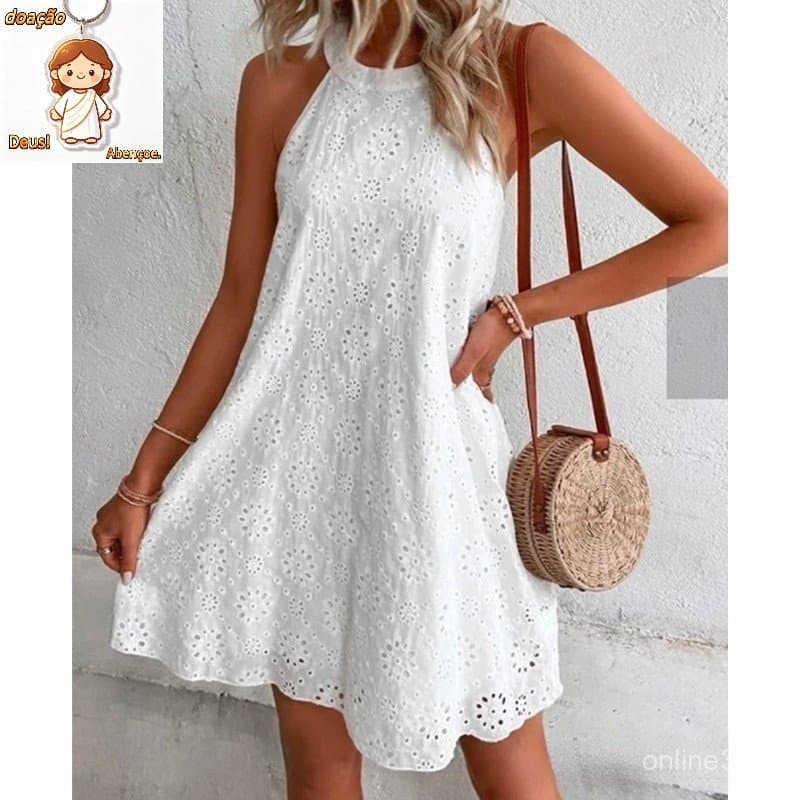 Vestido Mini de Verão Elegante para Mulheres, Branco, Moda, Decote Redondo, Sem Mangas, Preto, Curto, Casual, para Féria