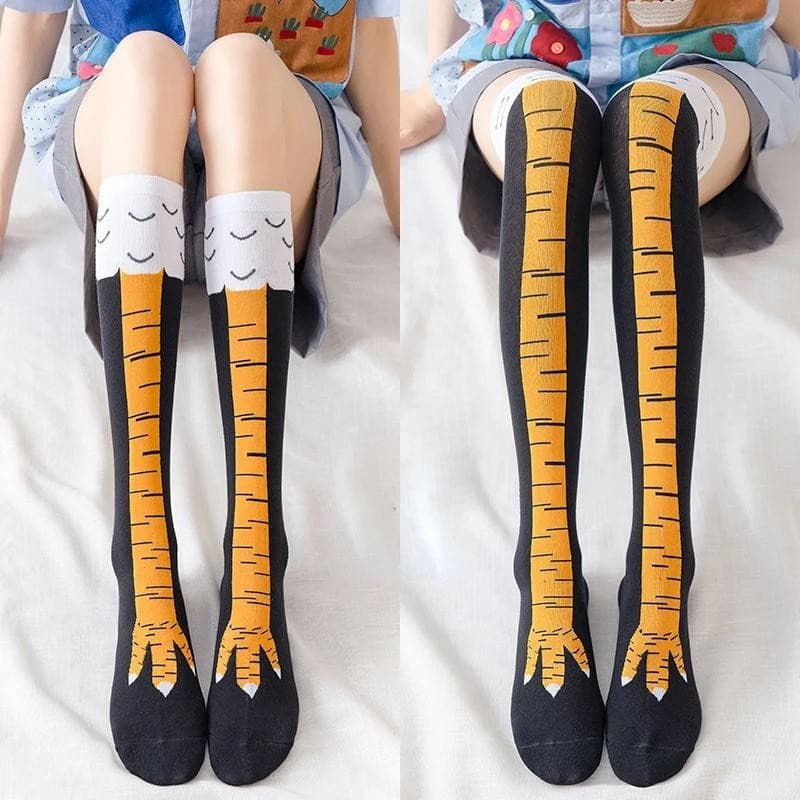 Meias de algodão até o joelho com padrão de pata de frango, meias longas divertidas com estampa 3D de pata de desenho an