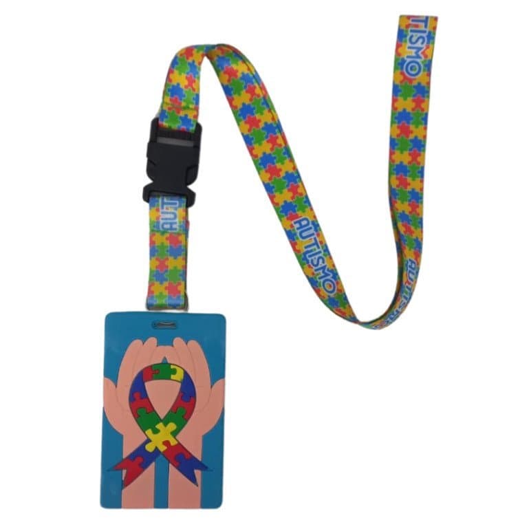 Kit Chaveiro Cordão Fecho Engate Rápido Autismo Quebra-Cabeça Azul + Porta cartão Personalizado Emborrachado Autista Aut