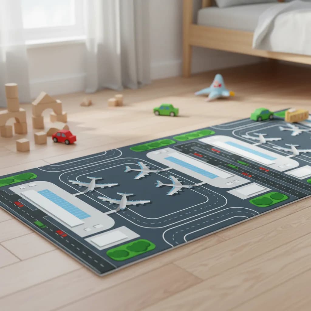 Tapete Infantil Pista Aviao Aeroporto 150x70cm Quarto Tapete Carro Transporte Lona Carrinhos Menino